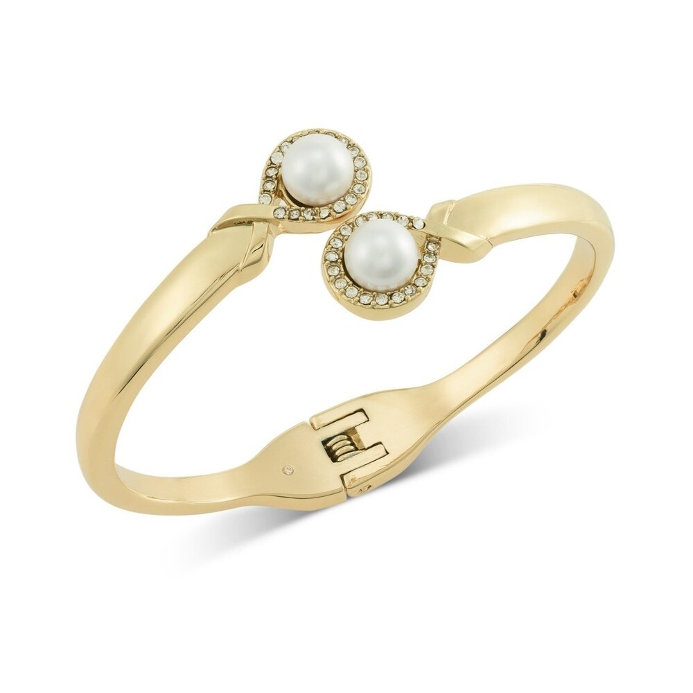 Charter Club Gold Tone Pave Crystal Imitation Pearl Bypass Bangle Bracelet Hinge